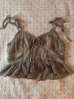 American Eagle Outfitters Brown Gingham Tie-Shoulder Peplum Camisole